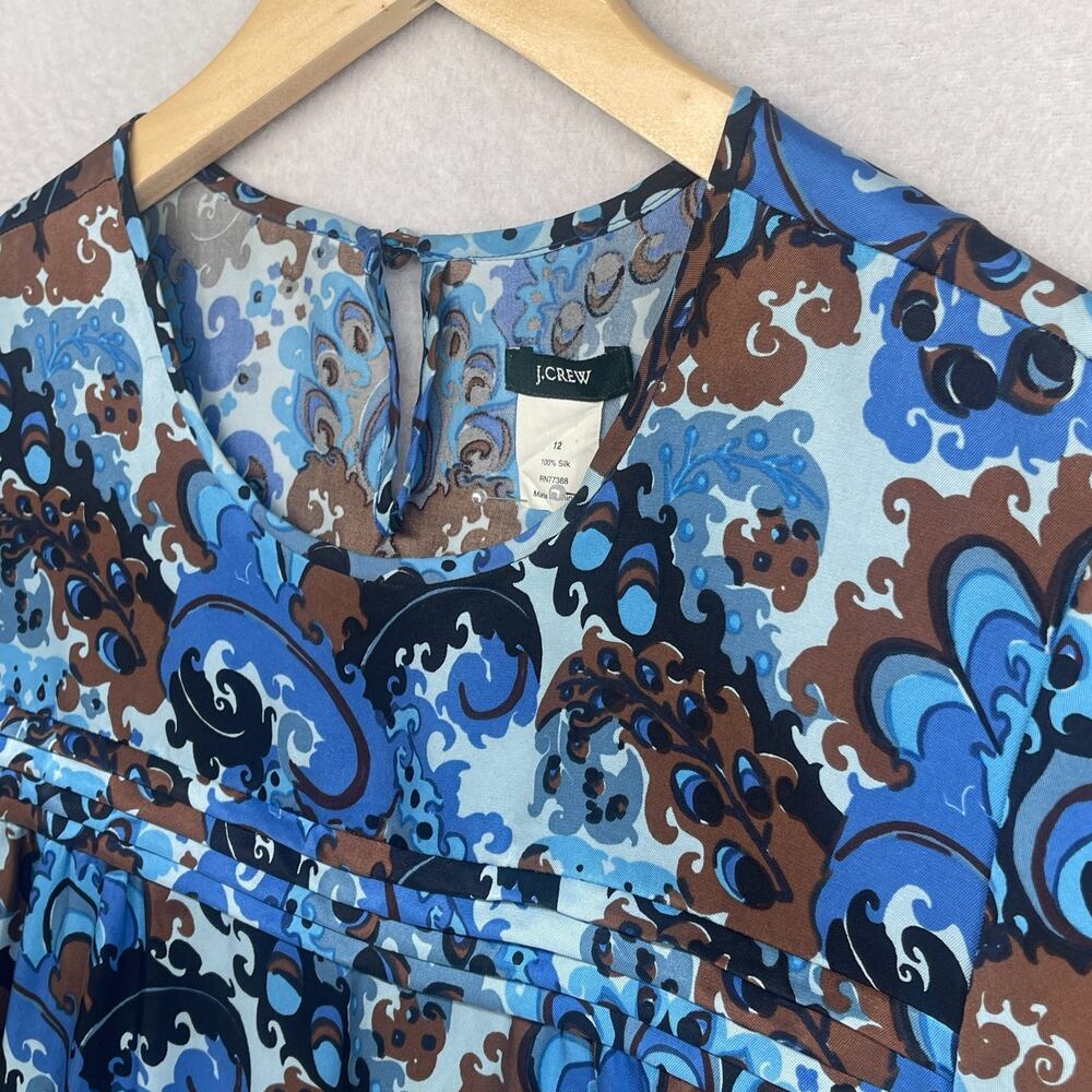 J.CREW Dress 12 Emma Silk Peacock Paisley Print Shift Mini Puff Sleeve Blue - Picture 6 of 12